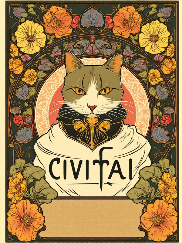 <lora:Art_Nouveau_Style:0.9> art nouveau style, a cat, flowers, text says "CIVITAI"