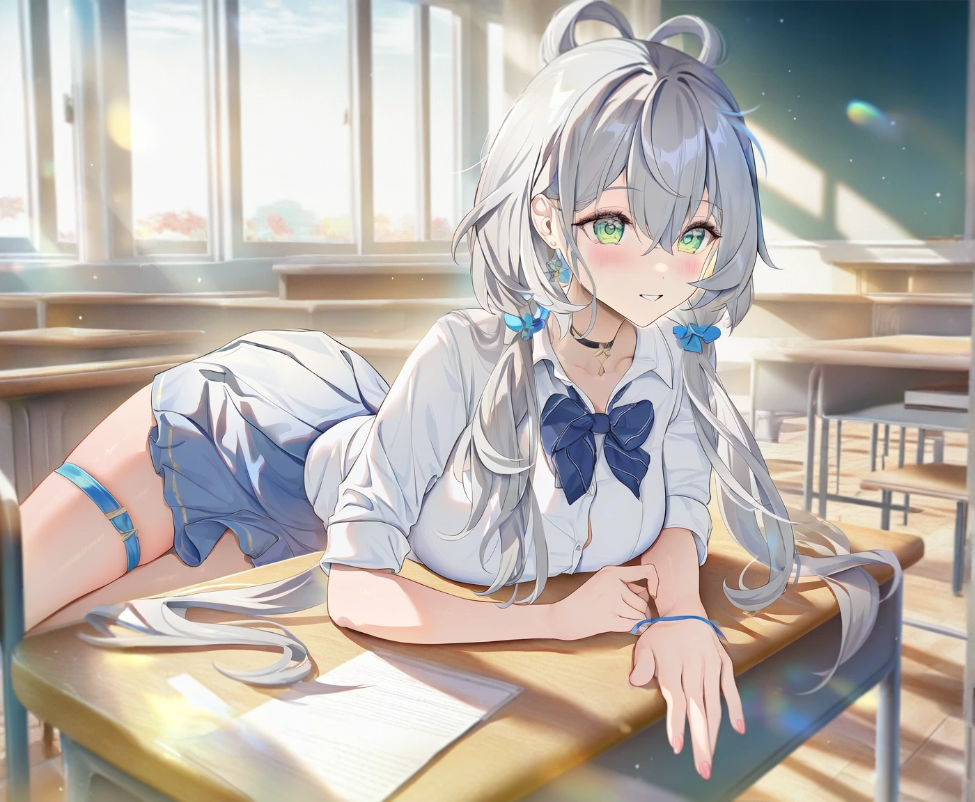 masterpiece,best quality,newest,absurdres,highres,safe,1girl,amazing quality,very aesthetic,artist:torino,artist:houkisei,
classroom,lying on desk,