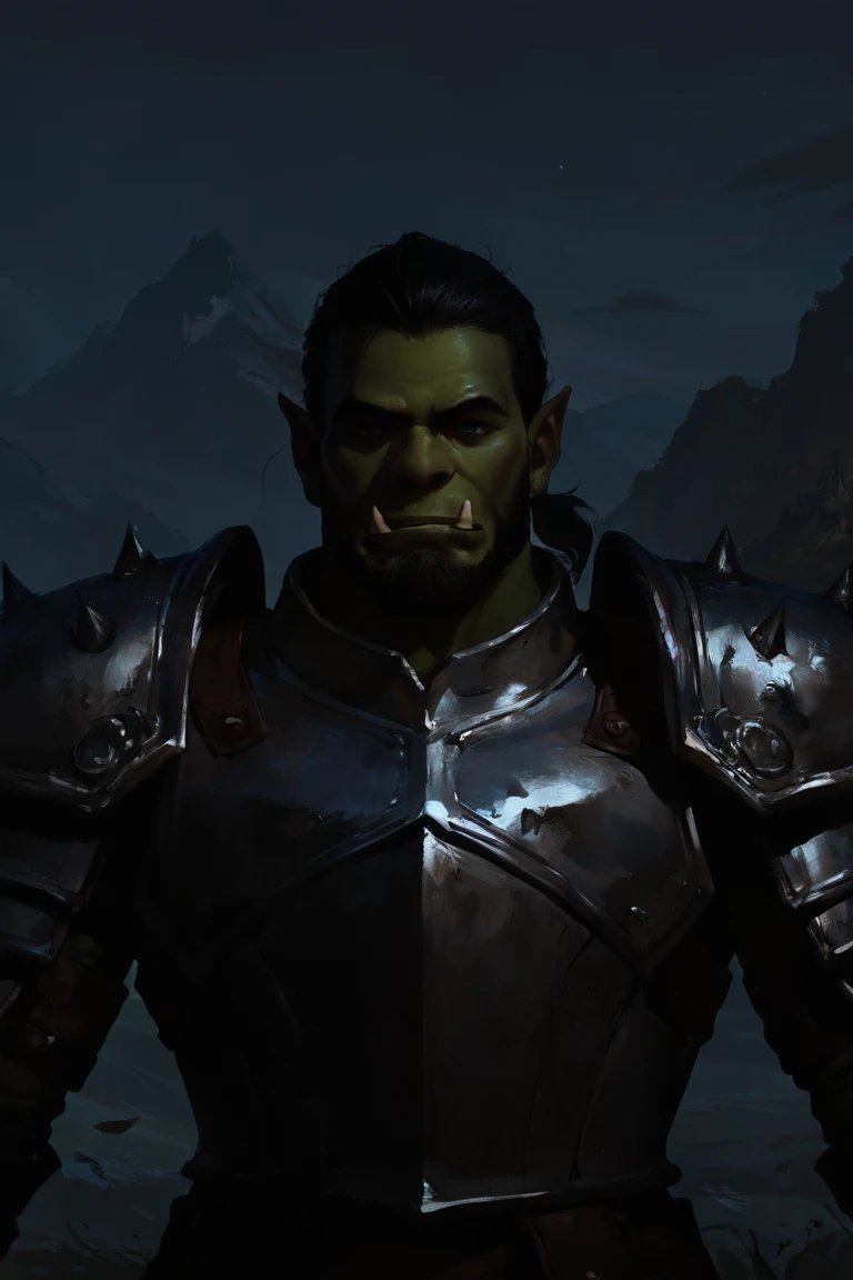 masterpiece, best quality, highres, newest, concept art, realistic, low light, dark, 1boy, solo, male focus, mature male, orc, colored skin, green skin, tusks, blue eyes, medium hair, black hair, hair slicked back, ponytail, facial hair, beard, mustache, looking at viewer, full armor, shoulder armor, breastplate, pauldrons, upper body, closed mouth, standing, outdoors, mountain, night, night sky, dark background <lora:Concept Art Darkness [LoRA] - NoobAI-XL EPS 1.0:0.8>