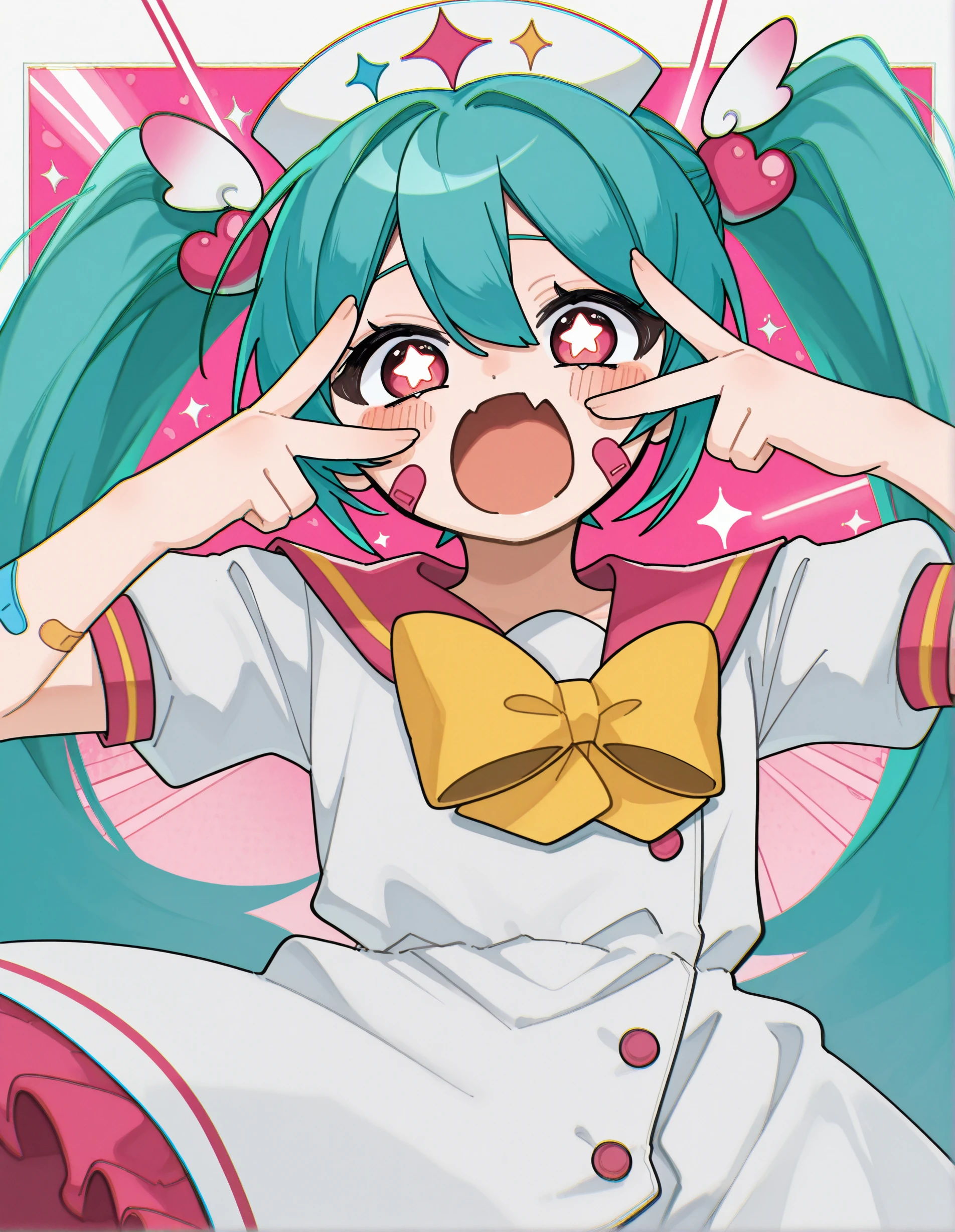 hmmcls, (mikumikubeam:1.05), double v, v over eye, upper body, 
1girl, solo, hatsune miku, very long hair, hair between eyes, heart hair ornament, wing hair ornament, twintails, nurse cap, 
skin fang, bandaid on face, blush stickers, bandaid on arm,
white dress, yellow bowtie, sailor collar, puffy short sleeves, buttons, pink buttons,
star-shaped pupils, glow beam, excited, open mouth, shouting, 
pink background, sparkle background, 
rating safe, akita, chromatic aberration, 
masterpiece, best quality, amazing quality, <lora:[Illustrious]_Hatsune_Miku_-_Magical_Cure_Love_Shot_v1_(MikuMasterRace):1.0> <lora:akita:1.0>