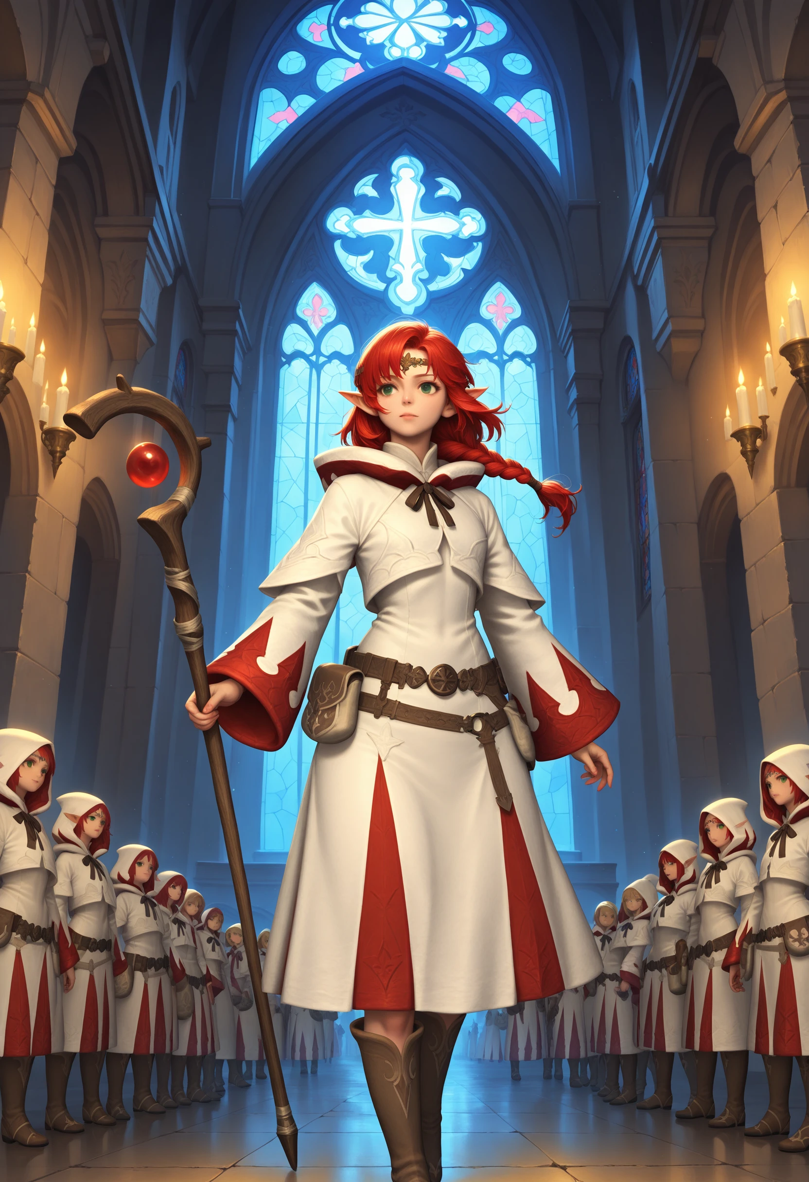 masterpiece, best quality, illustration, elf, red hair, green eyes, church, stained glass, white mage, boots, belt, hood, pouch, robe, belt pouch, circlet, <lora:WhiteMageIL:1>, holding, holding staff, floating hair, floating, arms out,single braid, night,