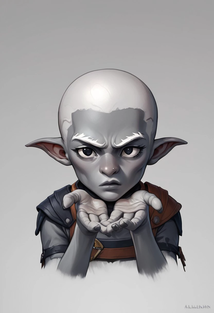 score_9, score_8_up, score_7_up, BREAK, 1girl , svirfneblin , deep gnome , stocky build, short stature, grey skin, wiry frame, large bulbous nose, sharp cheekbones, slightly pointed ears, small black eyes, wrinkled features, bald or thin white hair, calloused hands, strong jawline, wide feet, stubby fingers, compact torso, weathered complexion, wiry eyebrows, faintly