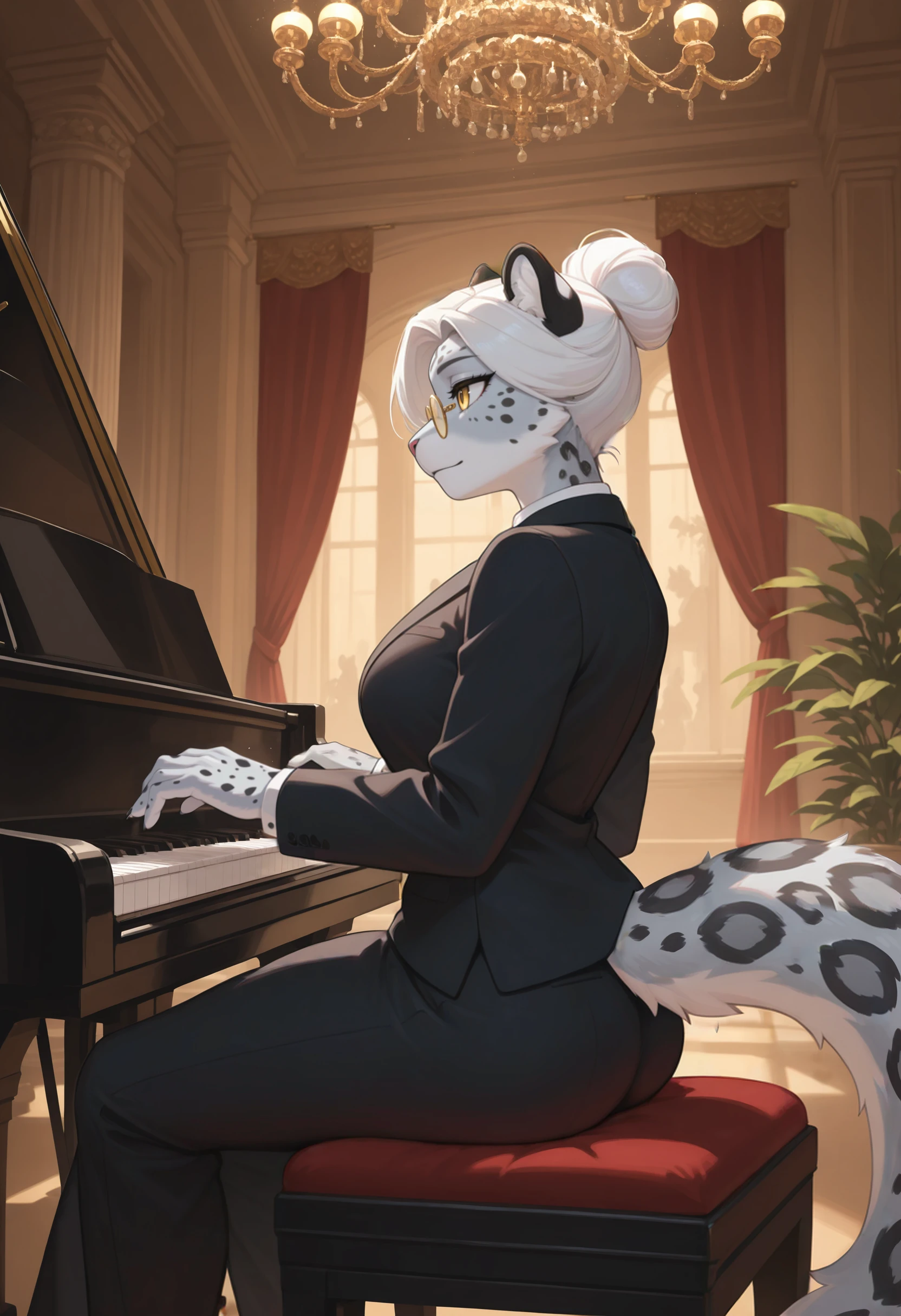 masterpiece, best quality, high quality, hi res, absurd res, new, newest, 2024, 2023, 2022, rendered, illustration, anthro, female, snow leopard, white fur, white hair, black spots, yellow eyes, hair up, hair bun,
suit, classy, gold glasses, piano, playing piano, sitting,
inside, ballroom, chandelier, pillar, plant, drapes, curtains, regal, royal,
detailed, detailed background, detailed clothing, moody, soft lighting, soft shading, soft focus,