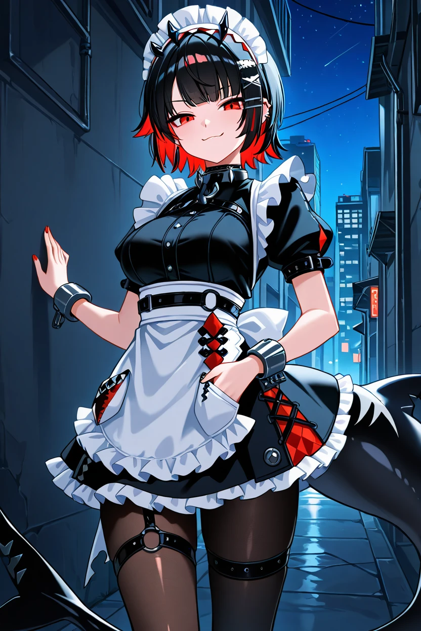 masterpiece, best quality, 1girl, solo, 21 year old model, eyelashes, (beautiful eyes),     ,,, ellen joe, black hair, colored inner hair, multicolored hair, red eyes, red hair, short hair, two-tone hair, apron, black pantyhose, black shirt, black skirt, ear piercing, fins, fish tail, maid, maid apron, maid headdress, pantyhose, piercing, puffy short sleeves, puffy sleeves, shark girl, shark tail, shirt, short sleeves, skirt, tail, two-tone hair, wrist cuffs,  <lora:EllenJoeIXL:1.0>, ,,, stars, night, luminescent background, city, back alley, smug, hands in pockets, smile, looking at viewer, shiny skin, <lora:princess_xl_v2:0.3>,