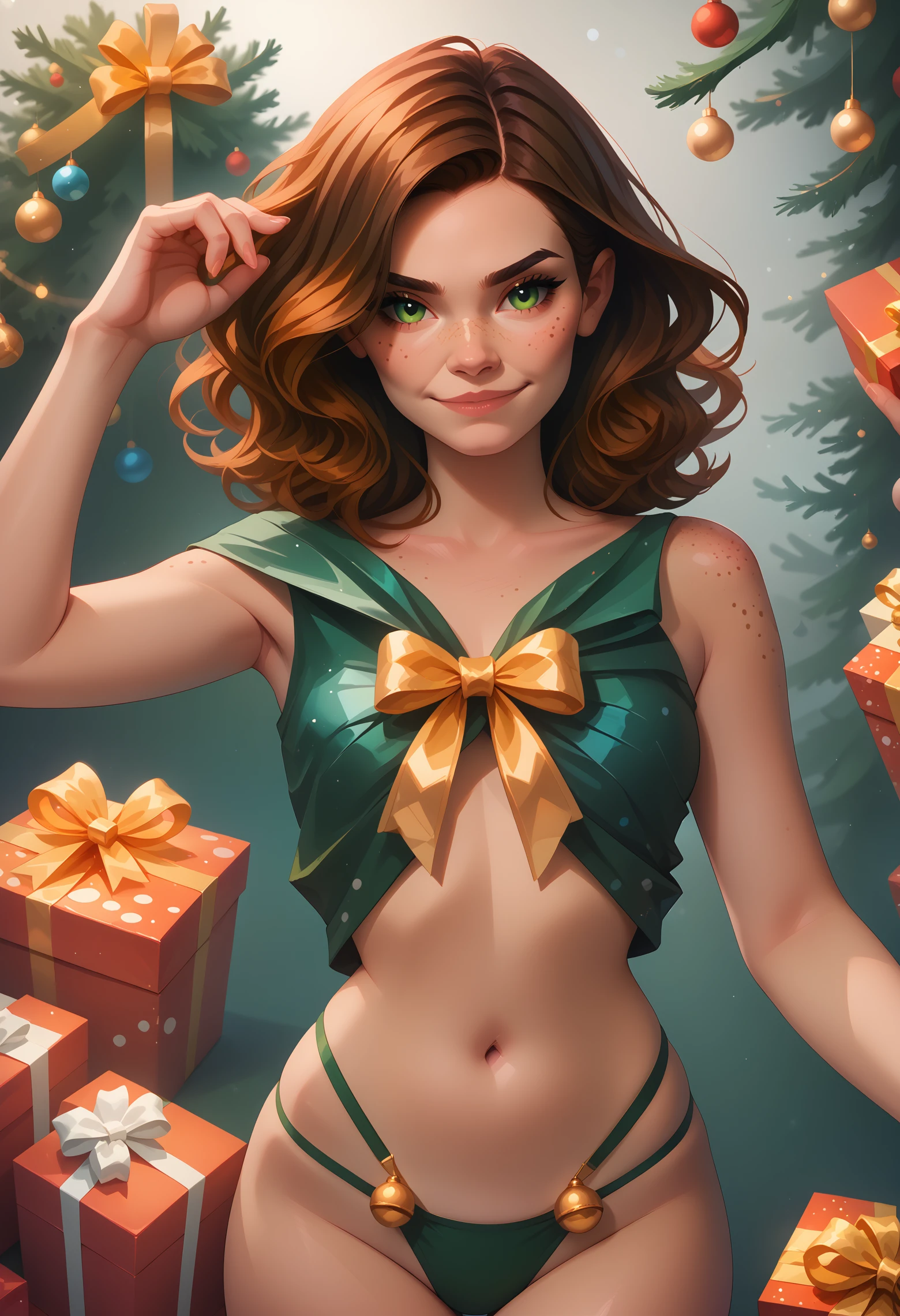 wr4pp3d, (tissue:0.9), adjusting, gorgeous, score_9, score_8_up, score_7_up, 1girl, christmas, (crumpled:1.1), (crinkled:1.1), freckles, kawai, gift, green eyes, closeup, dynamic pose, dynamic angle, smug, seductive, navel, gold bow