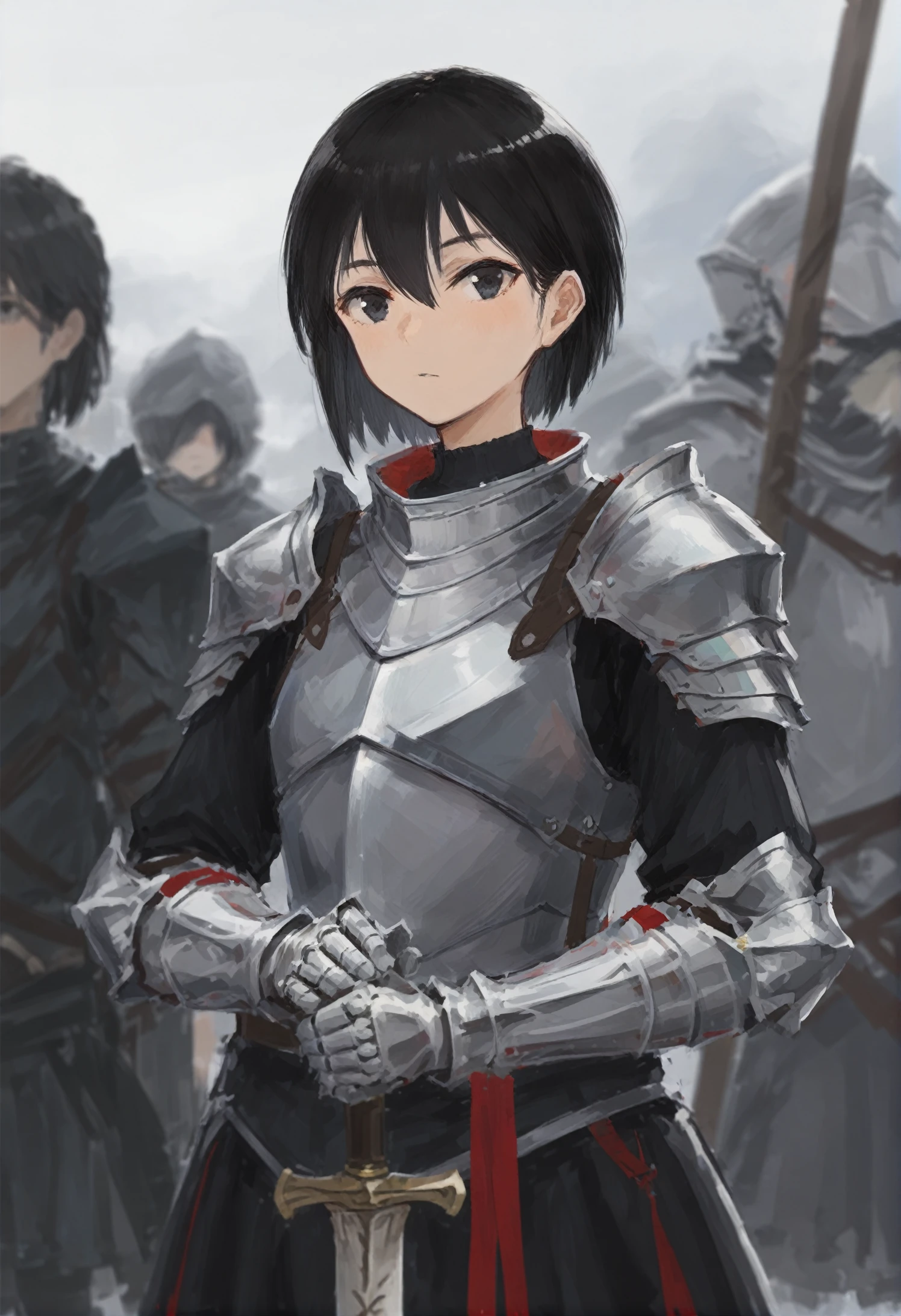 armor, solo, gauntlets, black hair, short hair, 1girl, shoulder armor, pauldrons, holding, black eyes, weapon, breastplate, knight, hair between eyes 
,, masterpiece,best quality,very aesthetic,absurdres 
<lora:xilmoforill-000128:0.95>