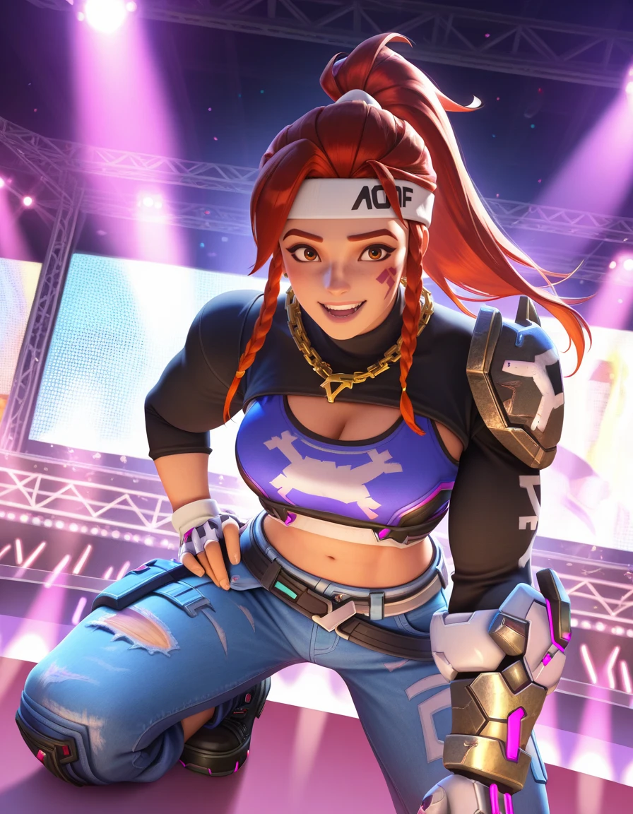 Masterpiece, high-res, 2k, best quality,   1 girl,  brig kpop, brigitte (overwatch) , at a concert stage  <lora:Brig kpop illus-000035:1>