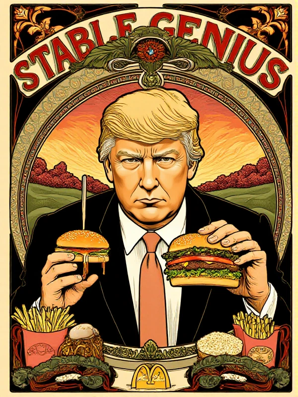 <lora:Art_Nouveau_Style:0.9> art nouveau style, Donald Trump holds a burger. burgers, fries, mcdonalds logo. Text says "Stable Genius"