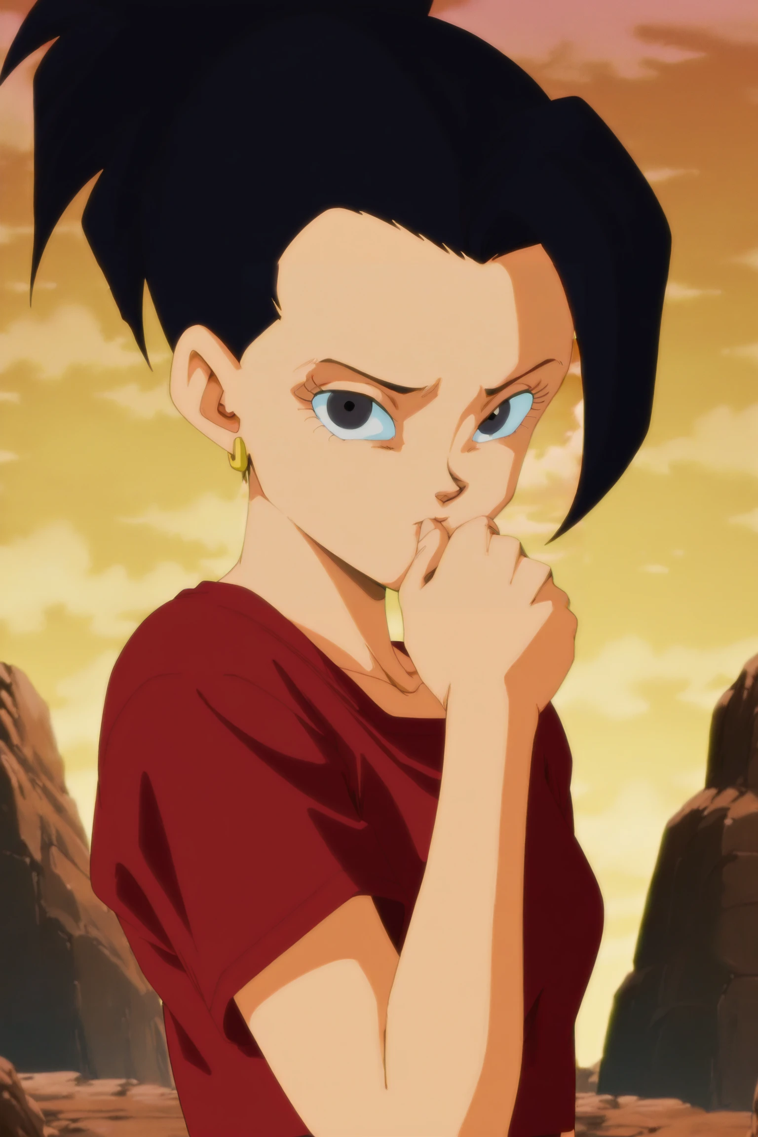 anime screencap, absurdres, high quality,
kale, 1990s \(style\), anime coloring, retro artstyle, 1girl, solo, looking at viewer, red crop top, black hair, upper body, short sleeves, hoop earrings, outdoors, black eyes, hand to own mouth, arm by side, sunset, rock, v-shaped eyebrows, eyelashes,
<lora:kaleDBS_v1:0.8>