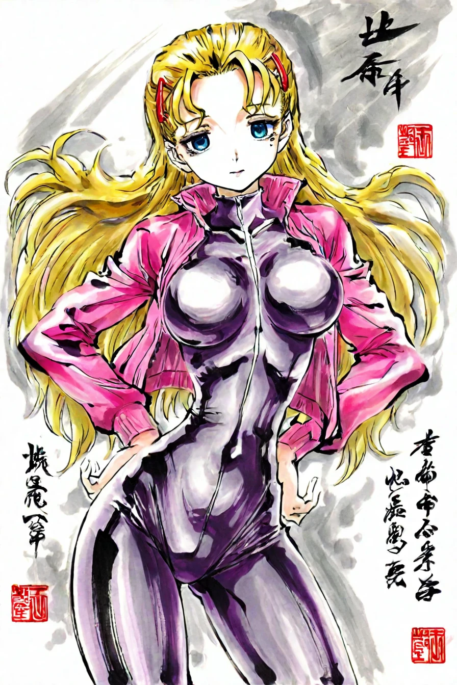 <lora:Miu_Furinji-000006:0.7> , miu, fuurinji miu, blonde hair, long hair, blue eyes, mole under right eyes, slim waist, large breast, pink jacket, purple bodysuit, hairclip, 1girl, solo, alone,   <lora:traditional_japanese_calligraphy_illustriousXL:1>, traditional japanese calligraphy, masterpiece, highres