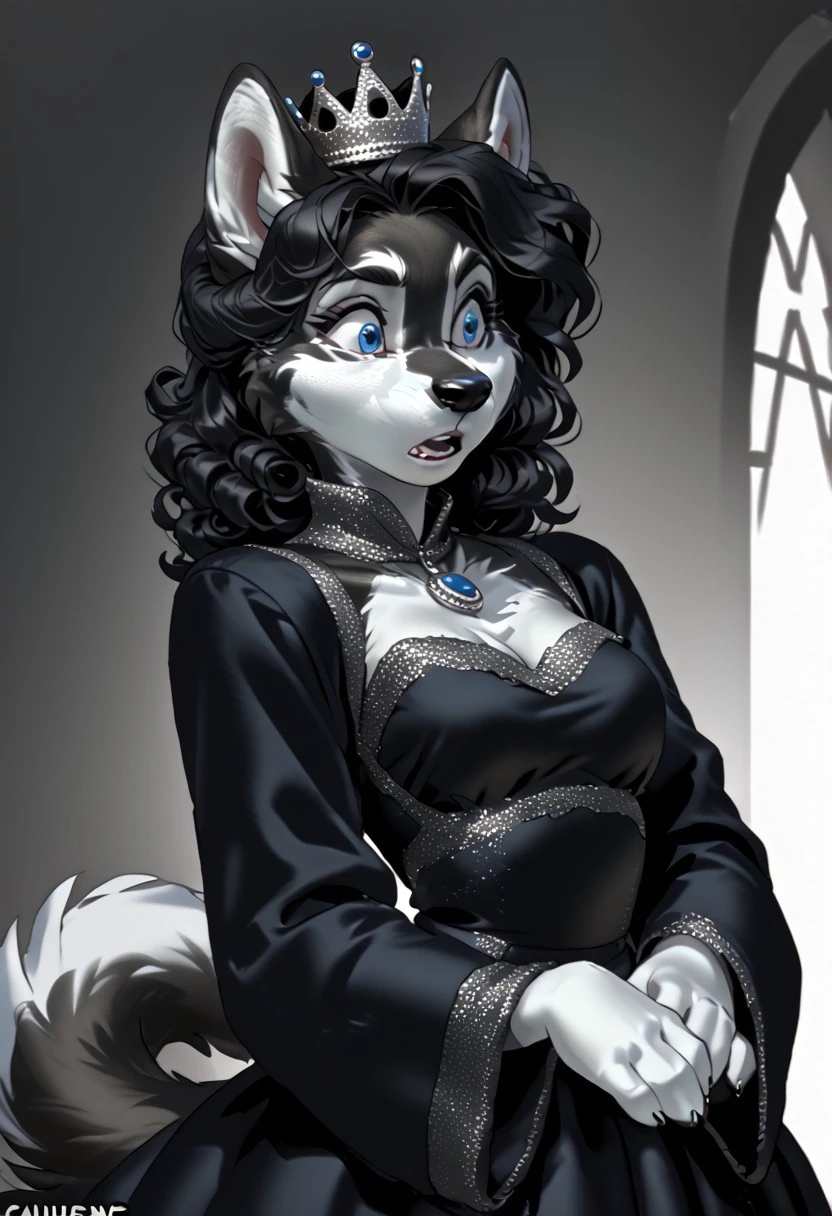 score_9, score_8_up, score_7_up, (by kittydee:1.5), (by jailbird:1.5), (by zummeng:1.5), masterpiece, best quality, (solo),
(Furry Art: Anthro: Alaskan Klee Kai:1.5), 1girl, expressive eyes, feminine eyes, perfect face, feminine face, dog, canine, small body size, curled fluffy tail, (two-toned fur), (black and white fur), large eyes, black hair, straight hair, medium breasts, blue eyes, princess gown, princess crown, surprised