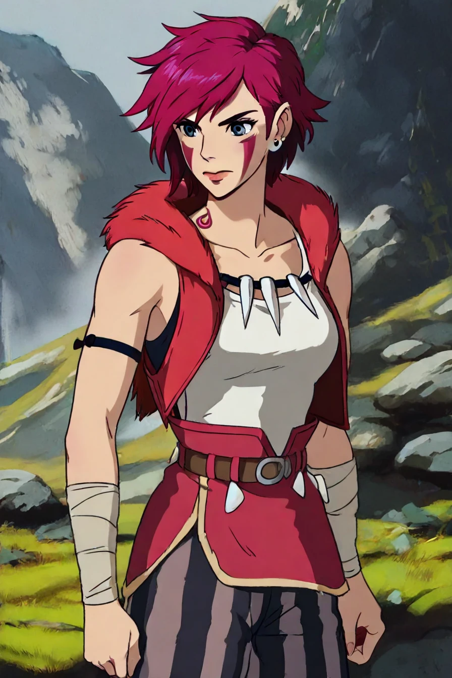 <lora:ViPDXL:0.6>, gray-blue eyes, vi, vi (league of legends) , red-pink hair, tattoo on the face, tattoo on the neck, earrings, red jacket, armbands, grey and black tank top, striped pants, belt, tattoo on arms, 1girl, solo, alone, <lora:princess_momonoke_style_illustriousXL:1>, princess_momonoke_style, masterpiece, highres