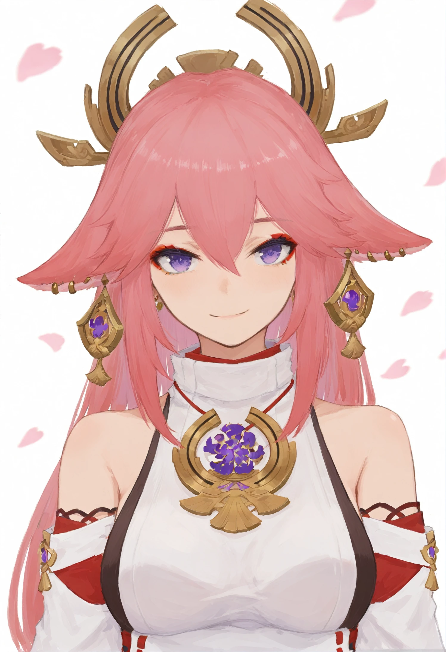 1girl, yae miko, solo, pink hair, purple eyes, long hair, looking at viewer, animal ears, white background, fox ears, hair between eyes, jewelry, bare shoulders, earrings, breasts, simple background, petals, smile, upper body, closed mouth, japanese clothes, detached sleeves, eyeshadow, hair ornament, makeup, straight-on, shirt, white shirt, nontraditional miko, falling petals, sleeveless 
,, masterpiece,best quality,very aesthetic,absurdres 
<lora:xilmoforill-000128:0.95>