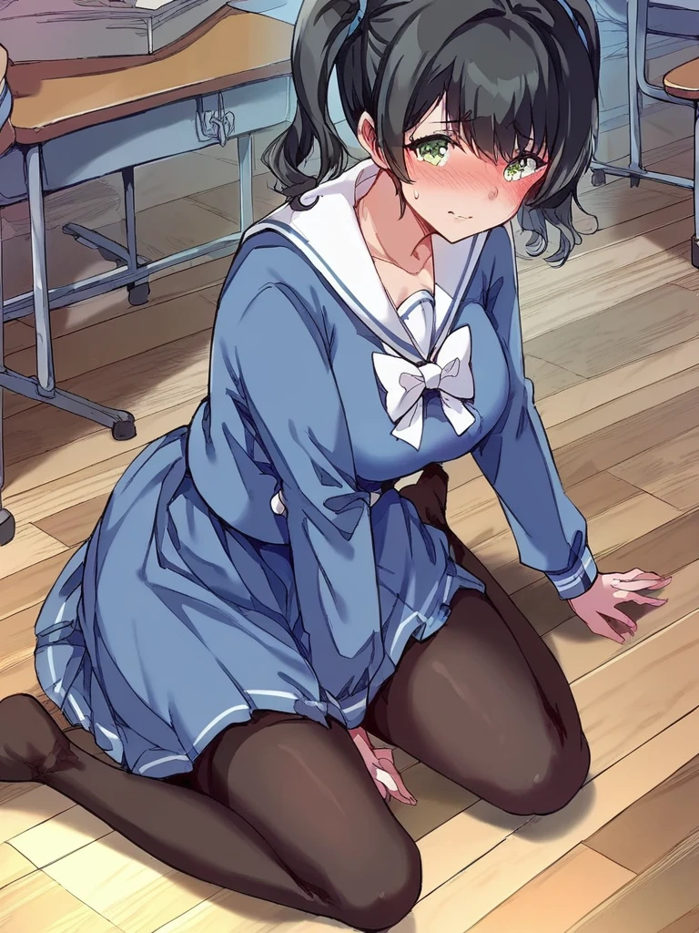 Detailed and realistic depiction of (1girl) sitting on the floor, wearing (pantyhose) and (stockings) as she hugs her legs and knees with an (angry) expression on her face. Pay attention to the details of the (pantyhose) and the (stockings), specifically highlighting the elegance and delicacy of (feet and toes in pantyhose) as well as the tightness around (legs and knees) while conveying the intensity of the character's emotions.