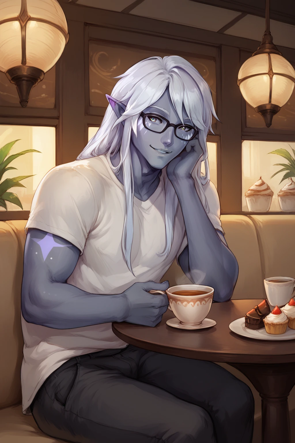 score_9, score_8_up, score_7_up, masterpiece, high quality, BREAK
 <lora:AaravosPonyLora:0.8>aara, long hair, colored skin, grey skin, facial mark, bangs, pointy ears, t-shirt, glasses, sitting in a cafe, holding a cup of tea, smile, pants, male, sweets on table