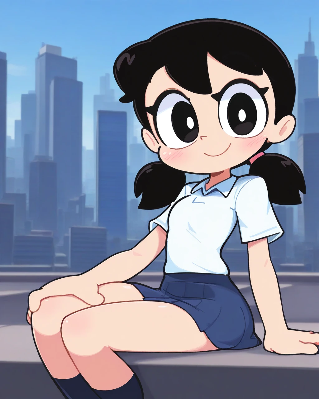 masterpiece, best quality, 1girl, kimkrab, solo, minamoto shizuka, black hair, twintails, black eyes, {pink dress|pink shirt, long sleeves, blue short skirt|student uniform|police uniform}, {standing|sitting|walking}, {smile|embarrassed, blush|sad}, {looking at viewer|looking away}, {city|living room, window, cloudy|library, window|classroom}