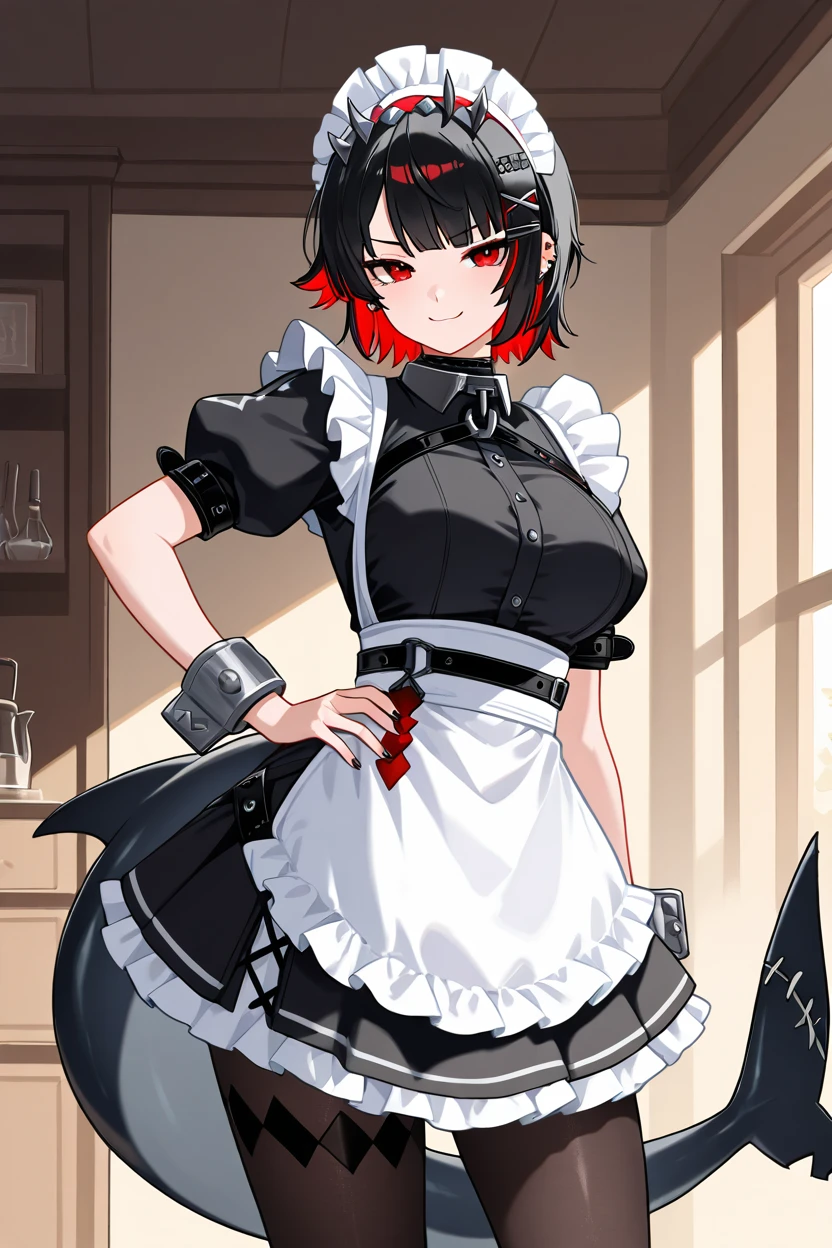 masterpiece, best quality, 1girl, solo, 21 year old model, eyelashes, (beautiful eyes),     ,,, ellen joe, black hair, colored inner hair, multicolored hair, red eyes, red hair, short hair, two-tone hair, apron, black pantyhose, black shirt, black skirt, ear piercing, fins, fish tail, maid, maid apron, maid headdress, pantyhose, piercing, puffy short sleeves, puffy sleeves, shark girl, shark tail, shirt, short sleeves, skirt, tail, two-tone hair, wrist cuffs,  <lora:EllenJoeIXL:1.0>, cowboy shot, hand on hip, smug, smile, looking at viewer, shiny skin,