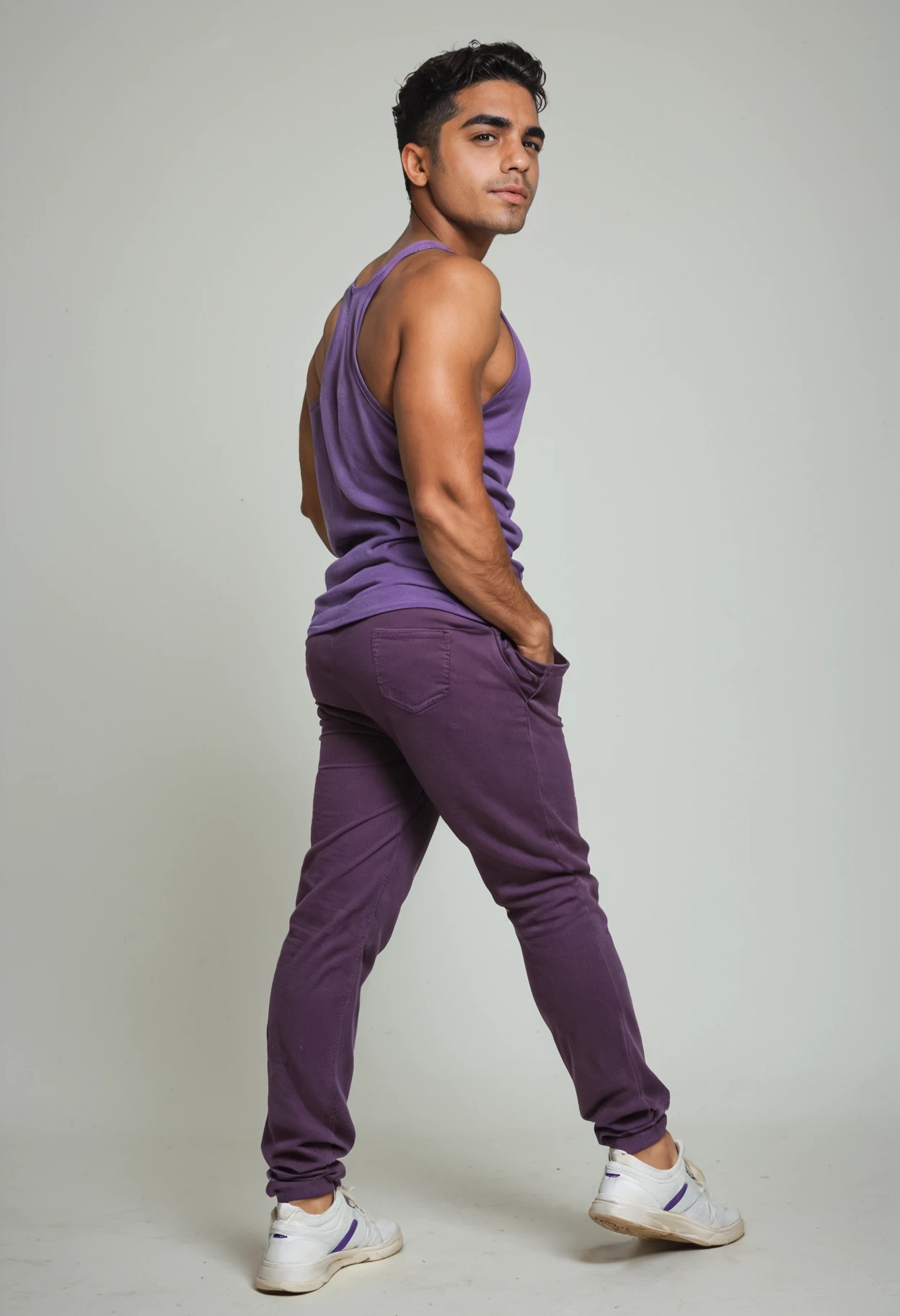 score_9, score_8_up, score_7_up, score_6_up, realistic, photorealistic, highly detailed, looking back, <lora:xl_jay_torres-07:1>  male latino jayperson, wearing purple tank top shirt and athletic pants and socks and sneakers, (smirk:0.5), stylish hair, posing against a white background