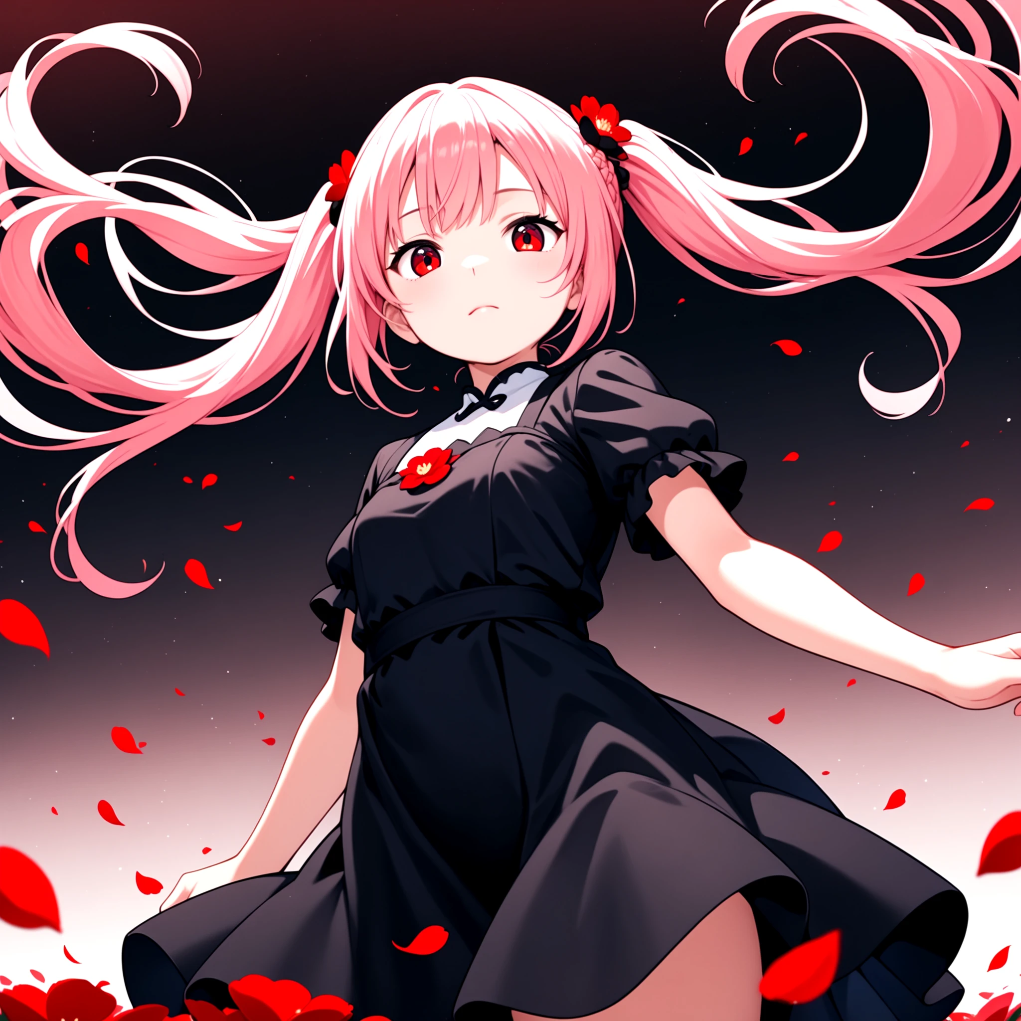 1girl, solo, looking at viewer, braid, pink hair, floating hair, from below, long hair, black dress, short sleeves, red flower, twintails, closed mouth, red eyes, gradient background, petals, masterpiece