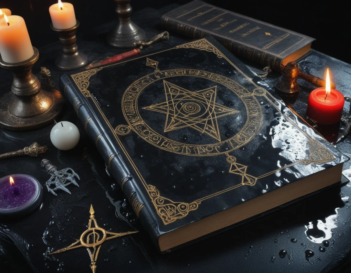 the cover of a magic book on a black shiny wet table with occult items nearby