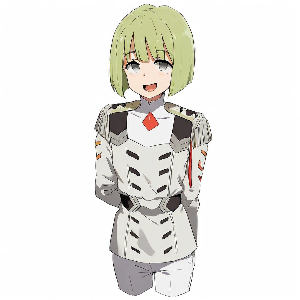 photogenic, masterpiece, 1440p, 8k, UHD, amazing quality, high resolution, 9Delta, 1girl, solo, green hair, smile, open mouth, cropped legs, short hair, uniform, looking at viewer, grey eyes, white pants, :d, military uniform, bangs, military, white background, arm behind back, green eyes, long sleeves, simple background