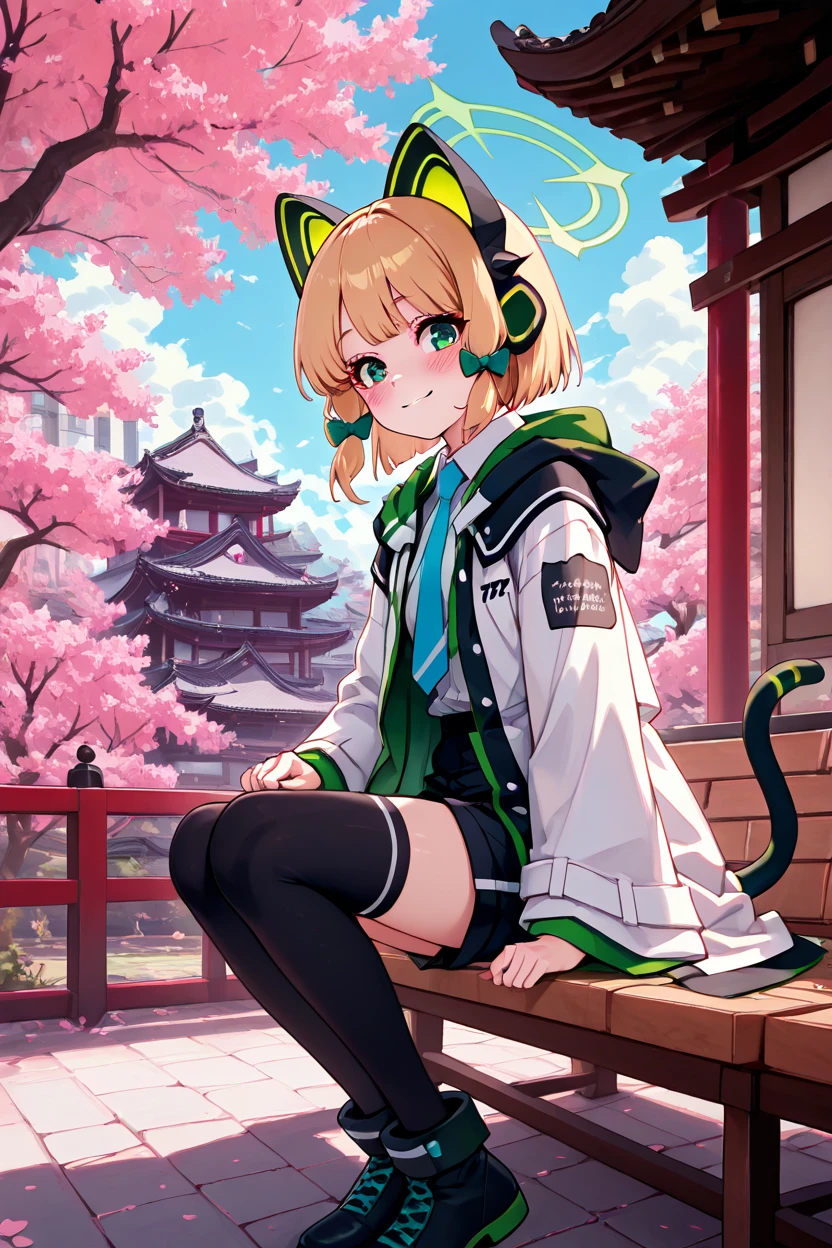 masterpiece, best quality, 1girl, solo, 21 year old model, eyelashes, (beautiful eyes),     ,,, zzMidori, solo, blonde hair, short hair, green eyes, hair bow, tail, animal ears, fake animal ears, animal ear headphones, headphones, cat ear headphones, halo, hair bow, green halo, tail, cat tail, green bow, black thighhighs, blue necktie, collared shirt, long sleeves, white jacket, white shirt, black shorts, blush, black footwear, open jacket, hood, wide sleeves ,<lora:MidoriBlueArchiveIXL:1.0>,,,sitting on bench, side view, looking at viewer solo, smile, pnkBldng, sky, day, cloud, tree, blue sky, building, architecture, east asian architecture,  <lora:PinkBuildingIXL_v2:1.0>,