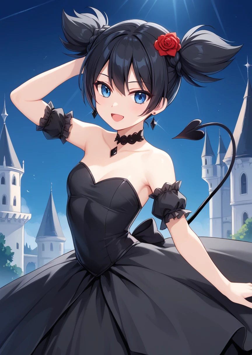 score_9, score_8_up, score_7_up, score_6_up, score_5_up, BREAK
Kurumi nui, onegai my melody, 1girl, solo, blue eyes, black dress, black choker, black hair, dress, earrings, jewelry, hair flower, high twintails, detached sleeves, ribbon, bare shoulders, strapless, castle, dancing, happy, devil tail