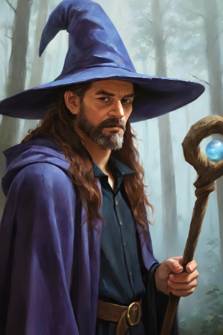 masterpiece, best quality, highres, newest, oil painting, traditional media, realistic, 1boy, solo, male focus, mature male, wizard, long hair, brown hair, black eyes, looking at viewer, hat, facial hair, beard, mustache, staff, wizard hat, purple hat, black shirt, collared shirt, robe, purple robe, hooded cloak, holding, holding staff, upper body, closed mouth, standing, outdoors, forest, nature, tree, fog, dark background <lora:Oil Painting [LoRA] - NoobAI-XL EPS 1.0:0.8>