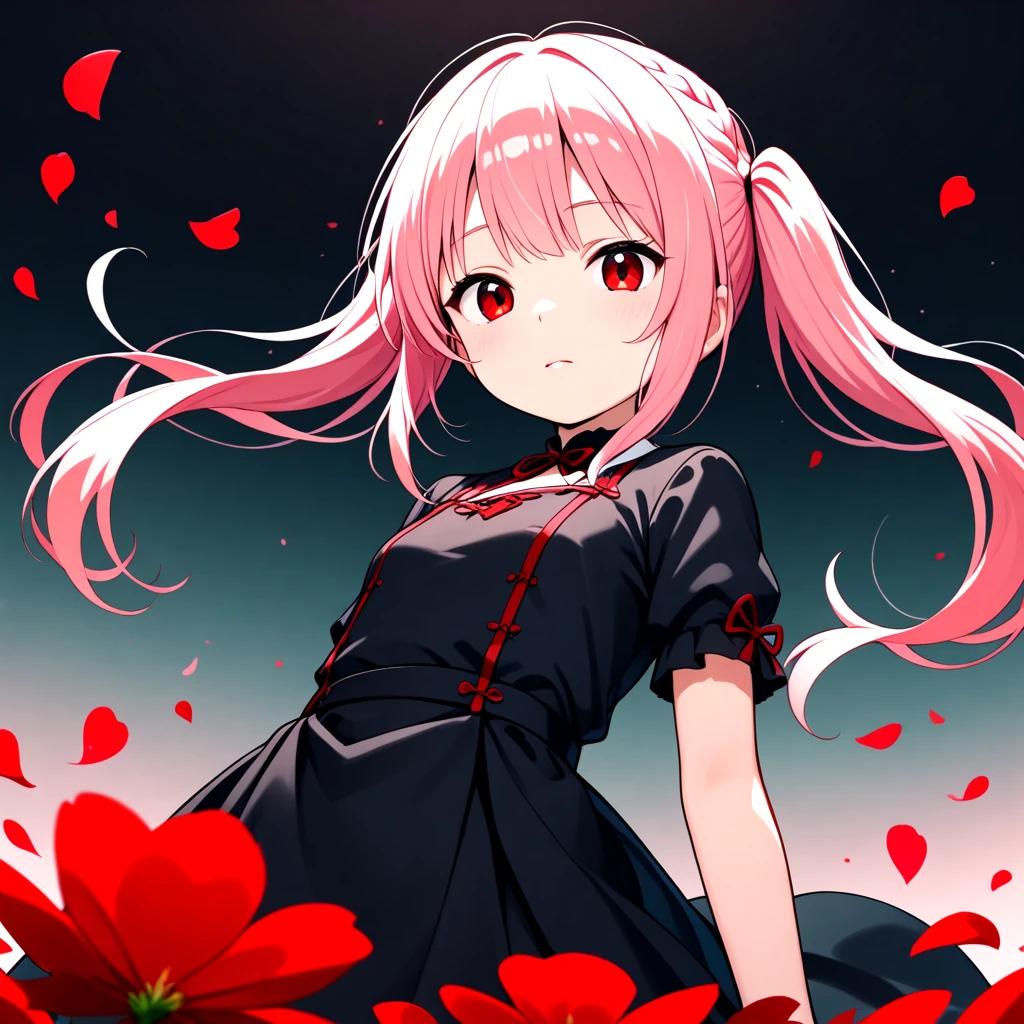 1girl, solo, looking at viewer, braid, pink hair, floating hair, from below, long hair, black dress, short sleeves, red flower, twintails, closed mouth, red eyes, gradient background, petals, masterpiece