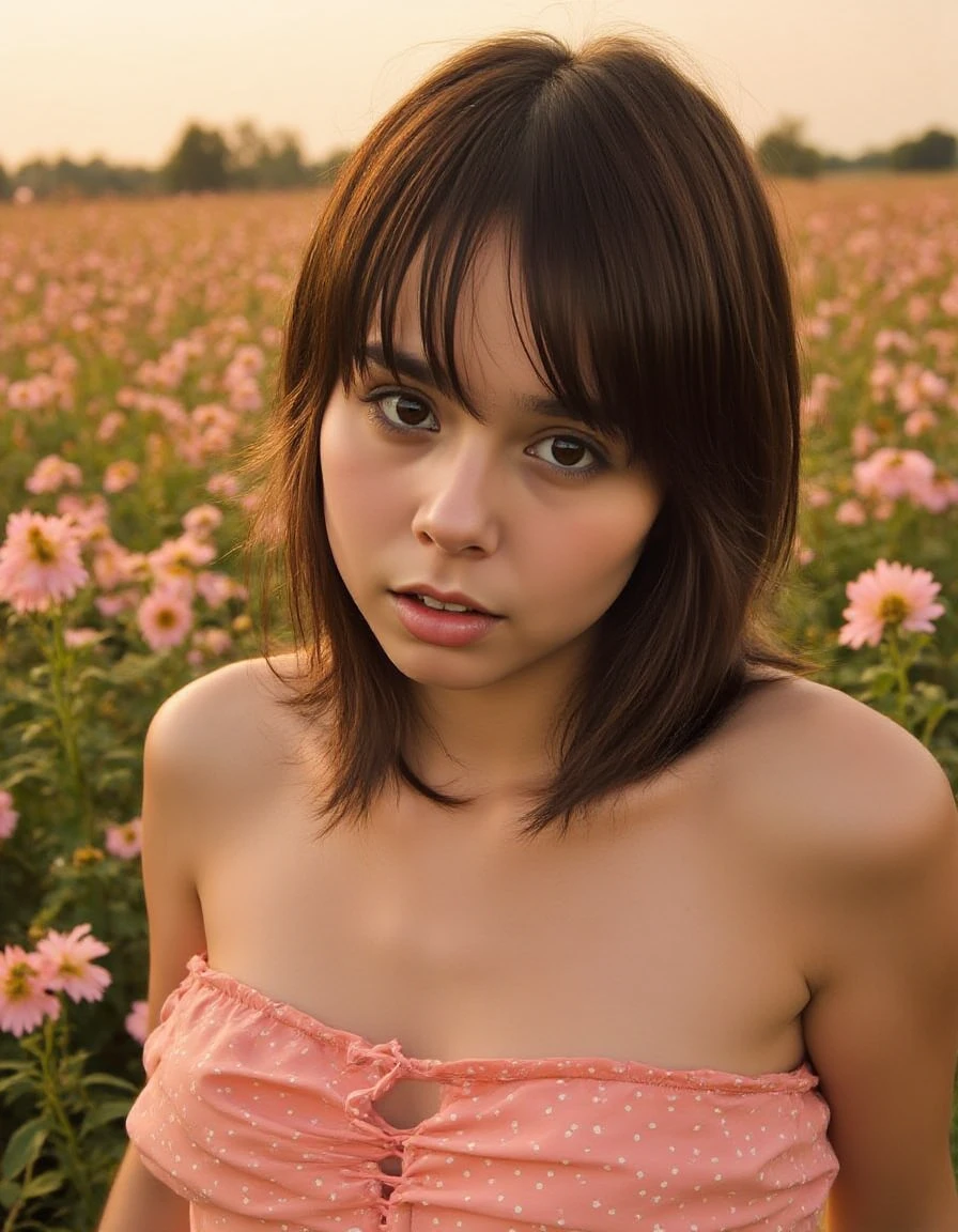 "vintage analog film photo, a young woman, serene expression, dream-inducing flowers, warm pastel sunset sky, 35mm film, Kodachrome, grainy texture, vintage aesthetic, Lomography style, stained vignette, highly detailed, cinematic colors, cozy intimate atmosphere" }    