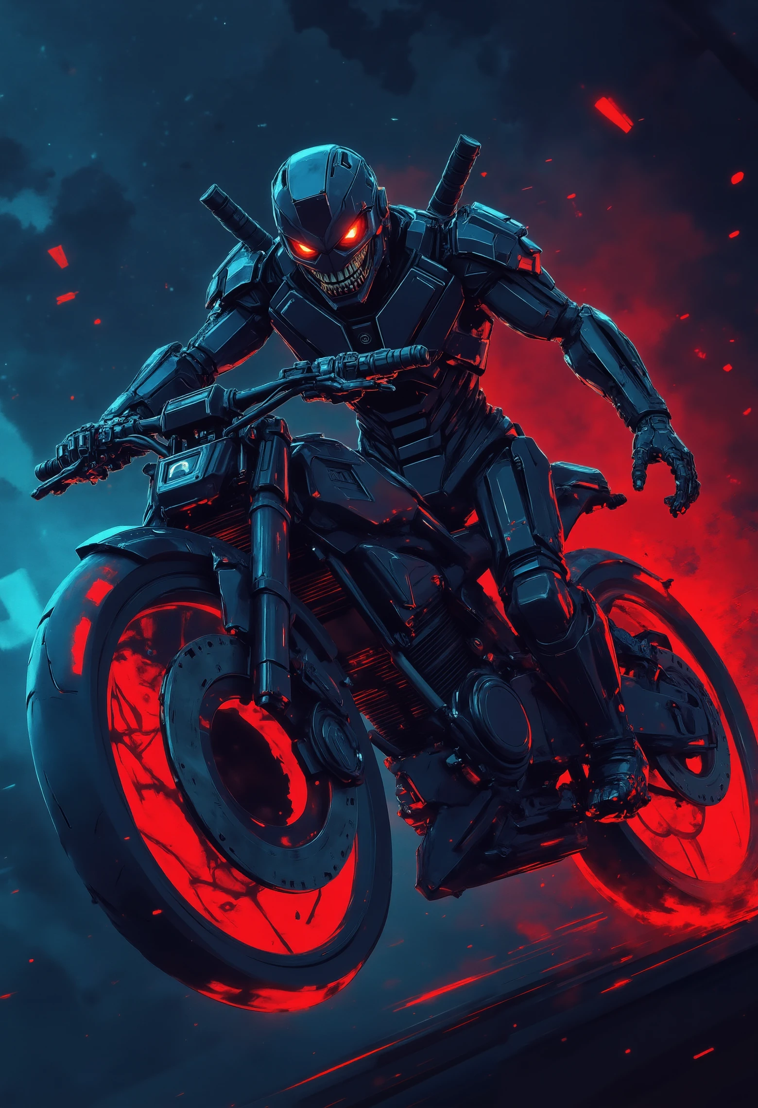 pst009, terminator style cyborg, sitting on a motor bike, driving fast in a city