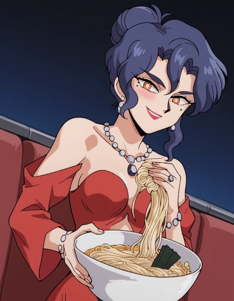 score_9, score_8_up, score_7_up, source_anime, <lora:the-jewel-princess-ova-ponyxl-lora-nochekaiser:1>, the jewel princess, mole, mole under eye, retro artstyle, 1990s (style), anime screencap, white pupils, dress, jewelry, blue hair, earrings, detached sleeves, necklace, hair bun, bracelet, red dress, single hair bun, ring, orange eyes, lipstick, center opening, midriff, navel, collarbone, bare shoulders,, movie theater, screen, seats, popcorn, film, smile, <lora:ai-drawing-anime-characters-eating-ramen-ponyxl-lora-nochekaiser:1> ai drawing anime characters eating ramen, ai drawing anime characters eating ramen (meme), ramen, noodles, meme, bowl, eating, restaurant, blush, cowboy shot,, looking at viewer, solo,, dutch angle, cowboy shot