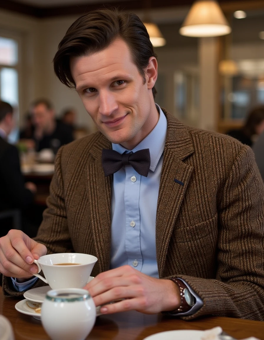 <lora:Matt_Smith_Flux:1> This photograph features a man having tea in a cafe.  The man is positioned slightly to the right of the center of the image. The man has short, neatly styled brown hair and is wearing a classic, brown tweed blazer with a subtle checkered pattern. Underneath the blazer, he has on a light blue dress shirt with a button-down collar, which is slightly visible. He accessorizes with a dark gray bow tie. The man appears relaxed. He is looking at the viewer smiling.