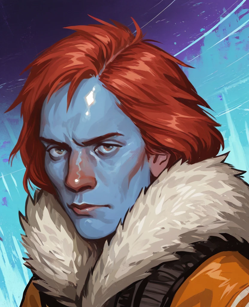 disco_elysium, portrait, 1boy, red hair, blue skin, abstract background, intense expression, close-up, fur collar, vibrant tones
<lora:disco_elysium:1.0>, masterpiece, best quality, amazing quality, very aesthetic, absurdres