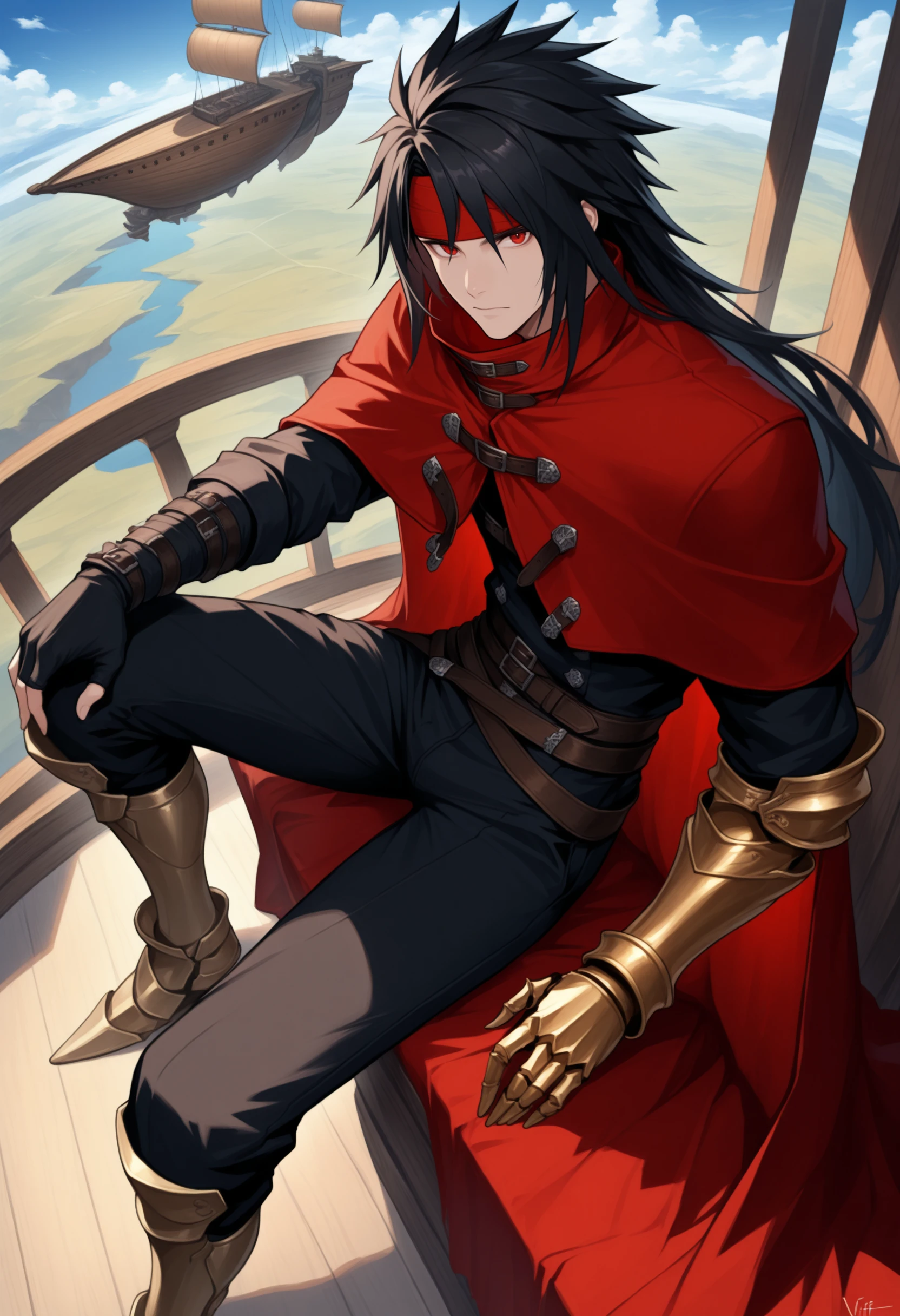 masterpiece, best quality, solo, 1boy, looking at viewer,  <lora:Vincent-valentine-illus_Fp:1>, vincentff7, black hair, red eyes, long hair, red headband, red cloak, buckle, black shirt, black pants, single gauntlet, multiple belts, single fingerless glove, airship, sitting, sky, armored boots, from above,