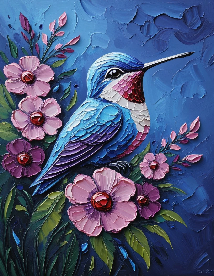 novuschroma style hummingbird with flowers palette knife impasto painting <lora:153_novuschromaSXL_a3:1>