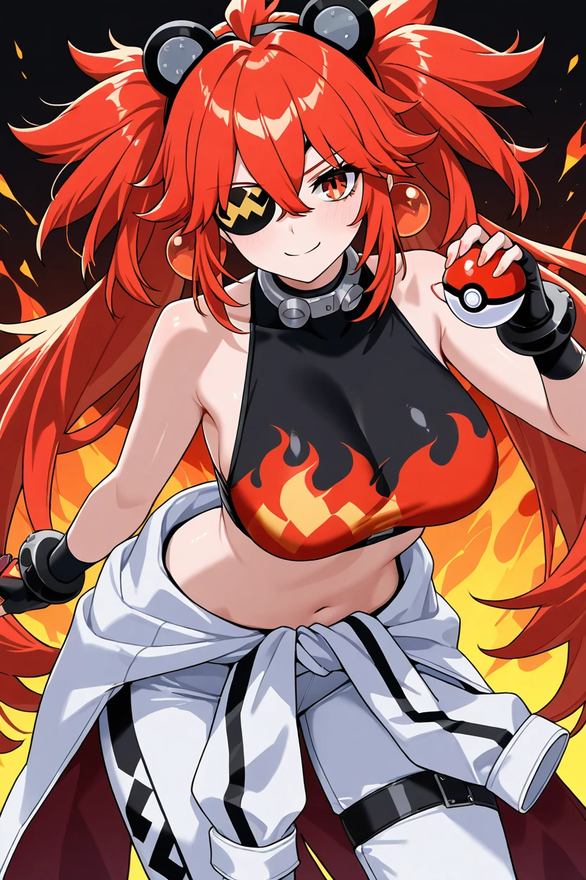 masterpiece, best quality, 1girl, solo, 21 year old model, eyelashes, (beautiful eyes),     ,,,large breasts,  koleda belobog, eyepatch, red eyes, red hair, twintails, fake animal ears, flame print, midriff, white jumpsuit, jumpsuit around waist, fingerless gloves,  <lora:KoledaBelobogIXL:1.0>, (holding pokeball), dynamic pose, cowboy shot, leaning forward, smile, looking at viewer, shiny skin,