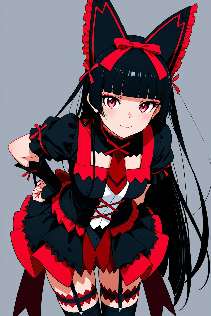 masterpiece, best quality, 1girl, solo, 21 year old model, eyelashes, (beautiful eyes),     ,,, zzRory, rory mercury, red eyes, long hair, black hair, blunt bangs, hime cut, very long hair, hair ribbon, black dress, black thighhighs, garter straps, bow, <lora:RoryMercuryIXL_v3:1.0>,, cowboy shot, leaning forward, smile, looking at viewer, shiny skin,