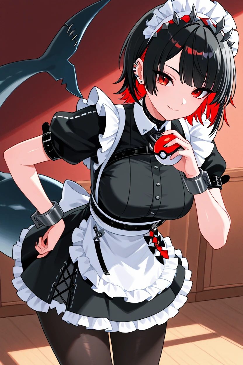 masterpiece, best quality, 1girl, solo, 21 year old model, eyelashes, (beautiful eyes),     ,,, ellen joe, black hair, colored inner hair, multicolored hair, red eyes, red hair, short hair, two-tone hair, apron, black pantyhose, black shirt, black skirt, ear piercing, fins, fish tail, maid, maid apron, maid headdress, pantyhose, piercing, puffy short sleeves, puffy sleeves, shark girl, shark tail, shirt, short sleeves, skirt, tail, two-tone hair, wrist cuffs,  <lora:EllenJoeIXL:1.0>, (holding pokeball), cowboy shot, leaning forward, smile, looking at viewer, shiny skin,