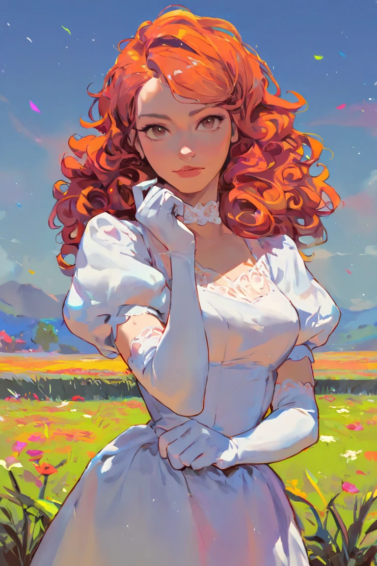 masterpiece, best quality, highres, newest, rainbowstyle, flat color, colorful, 1girl, solo, medium hair, curly hair, wavy hair, orange hair, swept bangs, brown eyes, lips, lipstick, looking at viewer, medium breasts, choker, medium dress, white dress, lace trim, puffy sleeves, puffy short sleeves, short sleeves, gloves, elbow gloves, white gloves, hand up, cowboy shot, closed mouth, standing, outdoors, field, flower, grass, plant, sky <lora:Rainbow Dreams [LoRA] - NoobAI-XL EPS 1.0:0.8>