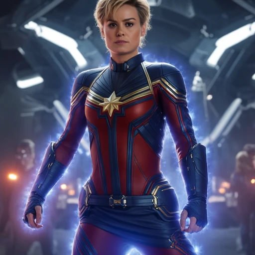 Captain Marvel. The image is a high-resolution photograph featuring a woman standing in a futuristic, as if in motion or ready to leap.   She is dressed in her iconic costume, likely in a dynamic pose, red, professional manner, with a fierce and determined expression. She is standing in the center of the image, with a focused gaze directed slightly off-camera., and futuristic outfit. The suit features a dark blue and red color scheme with gold accents