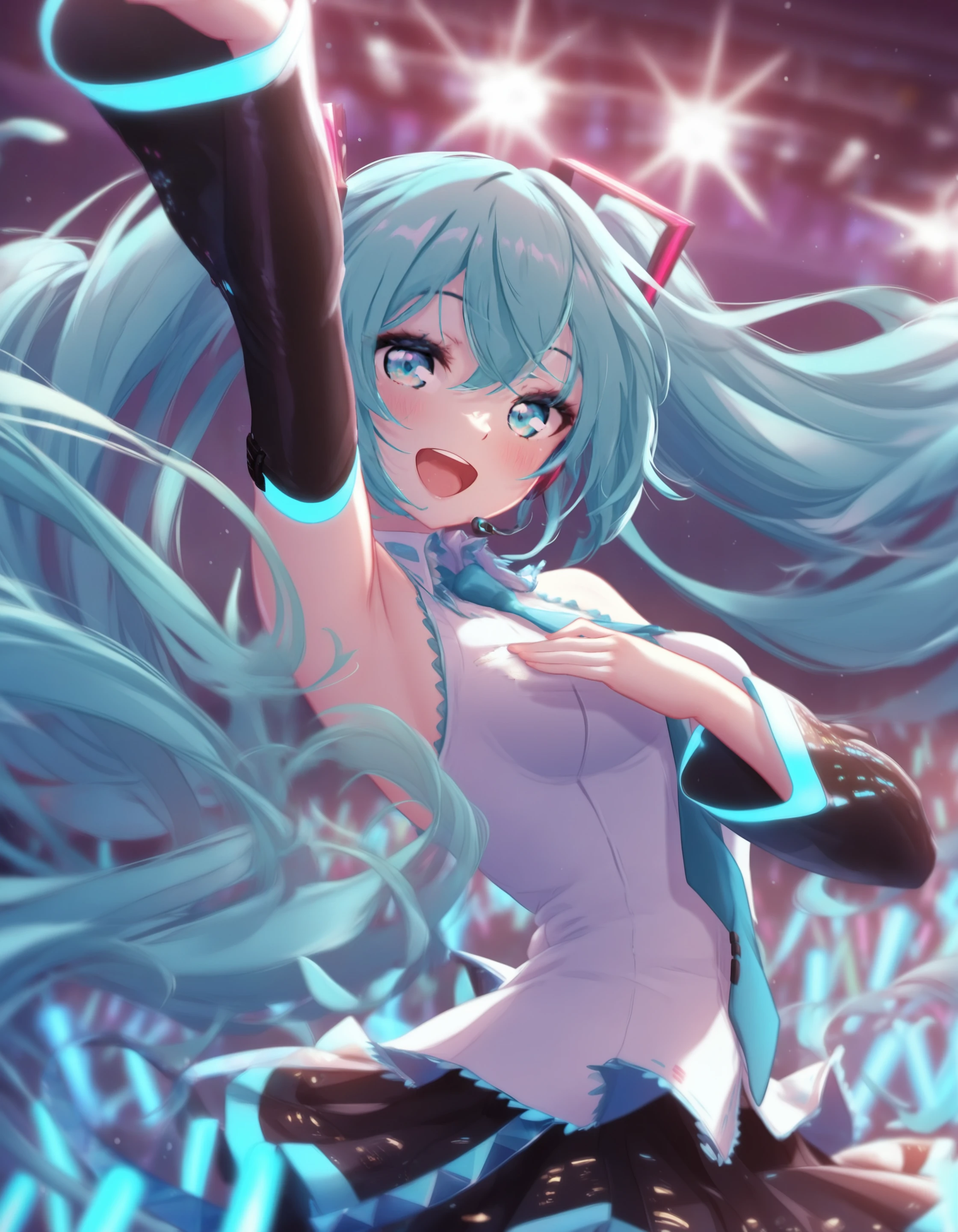 mitsuartstyle, anime screencap, 1girl, solo, hatsune miku, dancing, stage, stage lights, headset, :D, glowstick, crowd, masterpiece, best quality, newest, absurdres, highres, safe