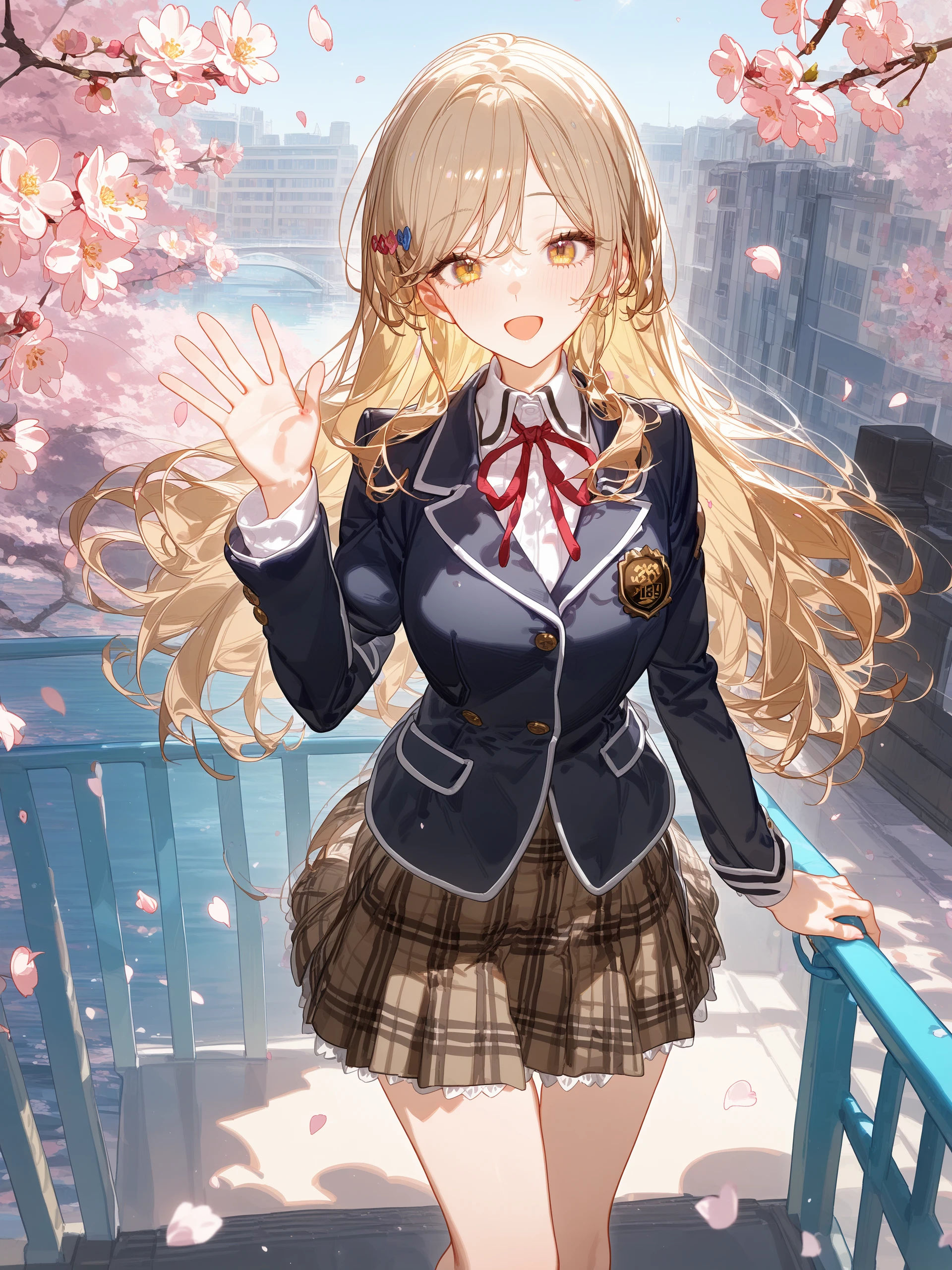 1girl, sena ajisai, hairclip, solo, school uniform, pleated skirt, plaid skirt, white collared shirt, blazer, neck ribbon, waving, looking at viewer, smile, open mouth, standing, cowboy shot, outdoors, street, cherry blossoms, petals, depth of field <lora:Char-Sena_Ajisai-V1-SDXL:0.9>, illustration, incredibly absurdres, ultra detailed, masterpiece, best quality, perfect features, intricate details, ray tracing, very aesthetic, (hitenkei, askzy:0.4), [<lora:XL-detailed_notrigger:0.95>::0.5], [:<lora:XL-aesthetic_anime:1.2>:0.5]