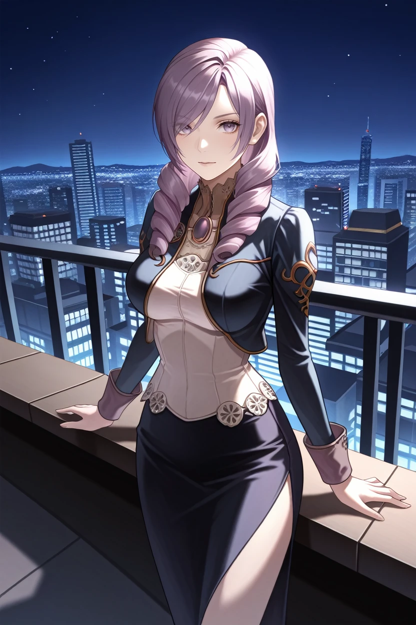 masterpiece, best quality, absurdres,
<lora:HGDaniella:1.0>
HGDaniella, 1girl, drill hair, long hair, purple hair, purple eyes, looking at viewer, overlooking the city from a rooftop bar at night, cute outfit, standing