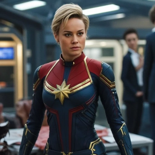 Captain Marvel. The image is a high-resolution photograph featuring a woman standing in a futuristic, as if in motion or ready to leap.   She is dressed in her iconic costume, likely in a dynamic pose, red, professional manner, with a fierce and determined expression. She is standing in the center of the image, with a focused gaze directed slightly off-camera., and futuristic outfit. The suit features a dark blue and red color scheme with gold accents