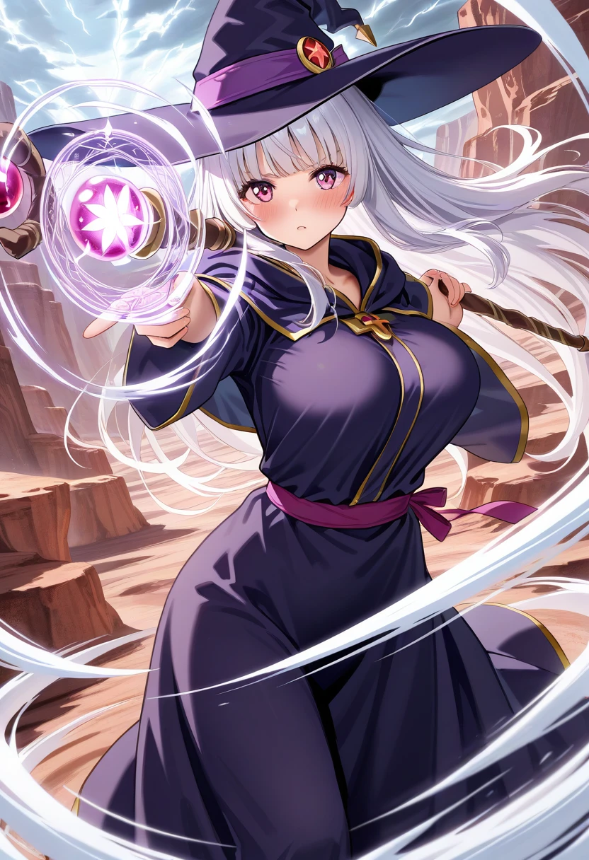 aerokinesis,1girl, solo,large breasts,breasts,blush,day,outdoors,canyon,white hair,red eyes, bangs, purple eyes,very long hair, bangs,witch,witch hat,robe,skirt,<lora:aerokinesis_v1_illustrious:.8>,magic,((holding_staff)),wind, gust,cyclone, twister, magic circle, firing at viewer, dynamic pose, storm, close-up,, masterpiece, best quality amazing quality very aesthetic high resolution ultra detailed absurdres, newest