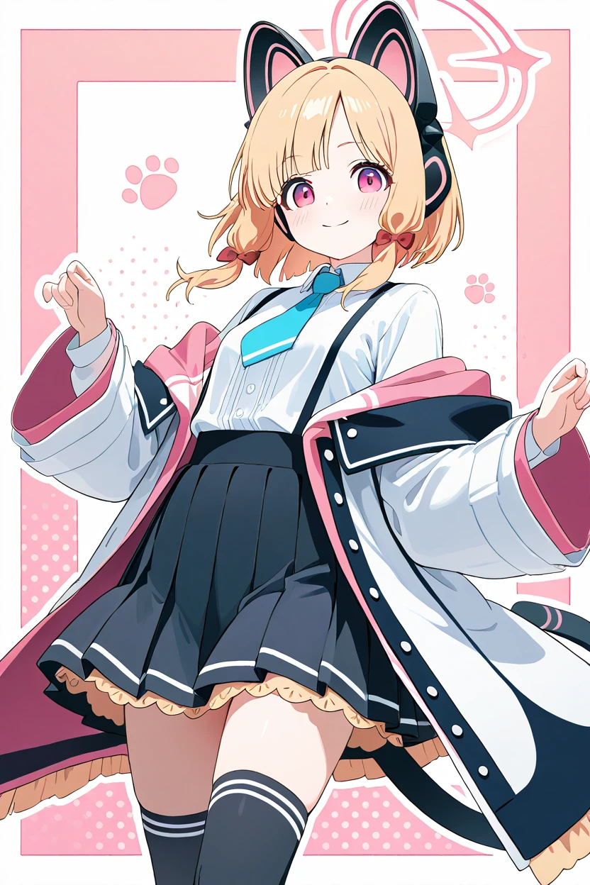 masterpiece, best quality, 1girl, solo, eyelashes, (beautiful eyes),  zzMomoi, blonde hair, animal ears, fake animal ears, animal ear headphones, headphones, short hair, bow, halo, cat ear headphones, hair bow, red bow, pink eyes, pink halo, tail, cat tail, red eyes, collared shirt, long sleeves, pleated skirt, white shirt, black skirt, blue necktie, white jacket, wide sleeves, black thighhighs, suspender skirt ,<lora:MomoiBlueArchiveIXL:1.0>,  ,smile, looking at viewer, abstract background, white outline, cowboy shot