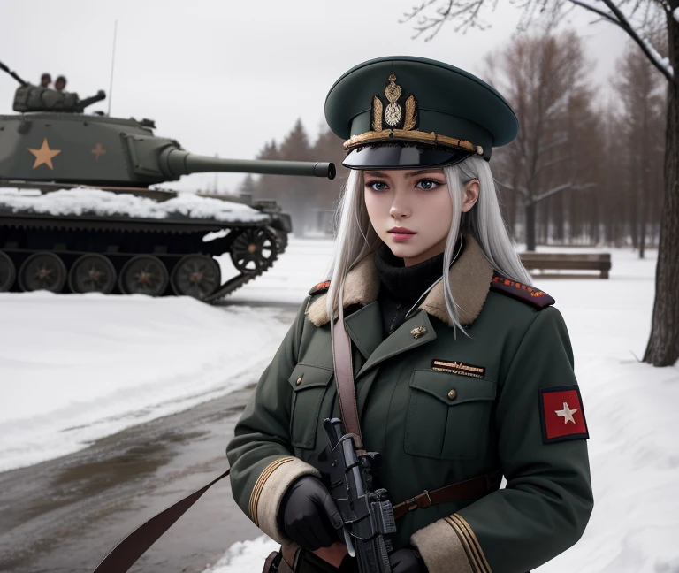 war,outdoors,bare tree,snow,fire,1girl,ussr-tan,soviet,soviet army,military uniform,military hat,glaring,holding gun,gun,blue eyes,white hair,leash,tank,blood,,, (masterpiece,best quality:1.4),(photorealistic,RAW photo:1.3),cinematic, finely detail,highres,8k,perfect artworks,official art, perfect anatomy,best aesthetic,