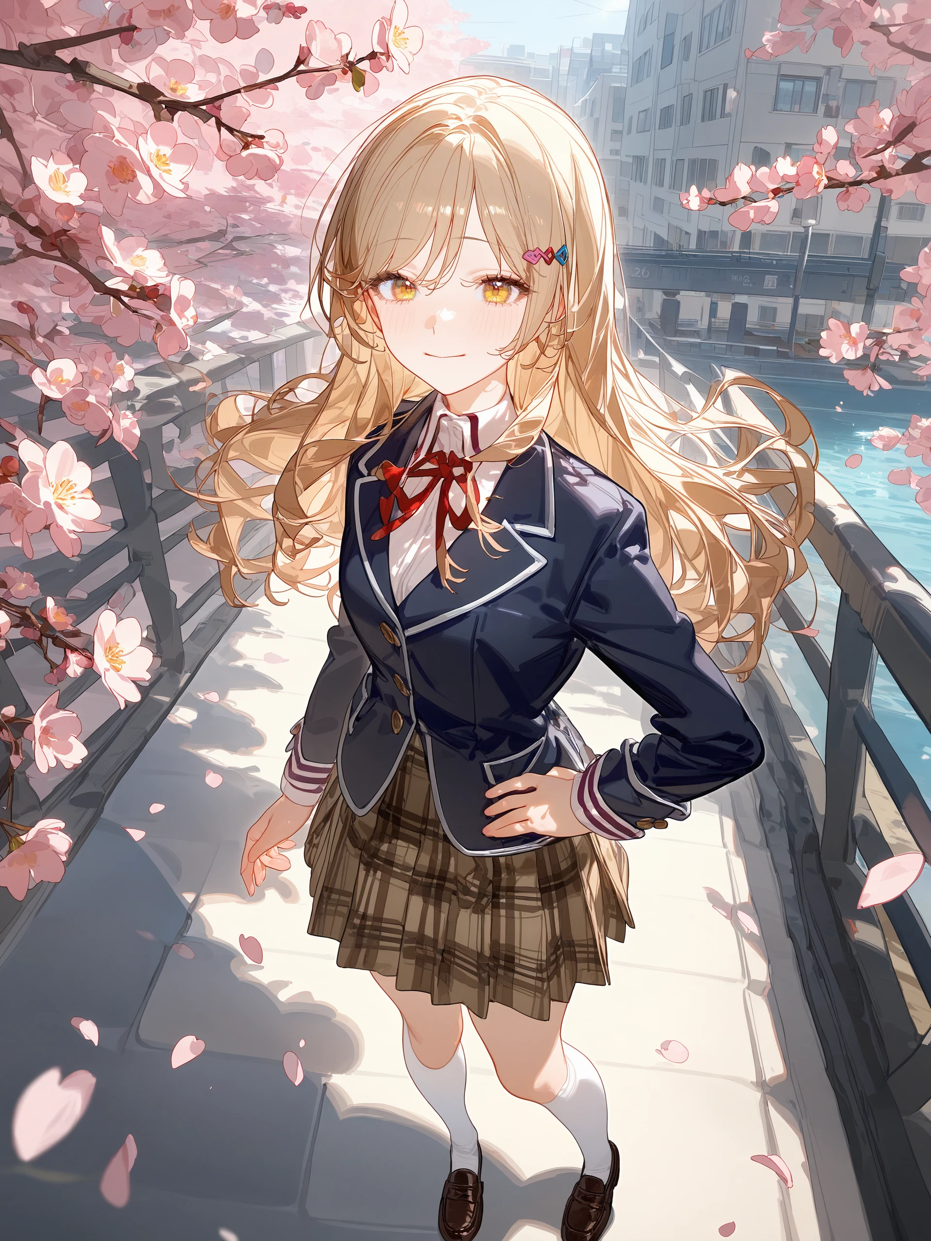 1girl, sena ajisai, hairclip, solo, school uniform, pleated skirt, plaid skirt, white collared shirt, blazer, neck ribbon, loafers, white kneehighs, hand on hip, looking at viewer, light smile, standing, full body, outdoors, street, cherry blossoms, petals, depth of field <lora:Char-Sena_Ajisai-V1-SDXL:0.9>, illustration, incredibly absurdres, ultra detailed, masterpiece, best quality, perfect features, intricate details, ray tracing, very aesthetic, (hitenkei, askzy:0.4), [<lora:XL-detailed_notrigger:0.95>::0.5], [:<lora:XL-aesthetic_anime:1.2>:0.5]