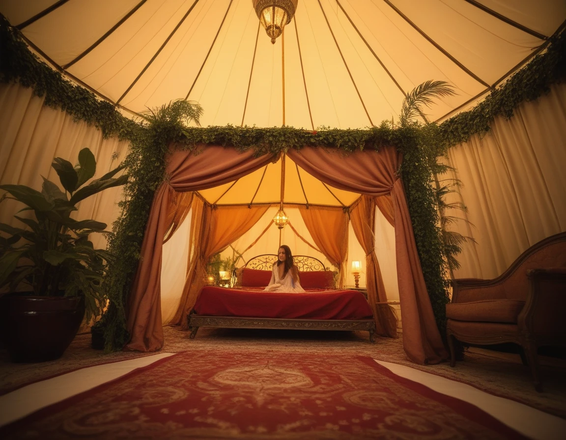 photo of a beauty woman in a royal tent with matching interior, some indor plants, romantic lighting, outstanding great photo-quality, award winning image, hires, view from a interesting angle with her in focus